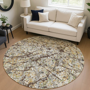 HomeRoots 8' Taupe Beige and Brown Round Abstract Area Rug - Washable, Durable, Stylish for Indoor & Outdoor Use 690053
