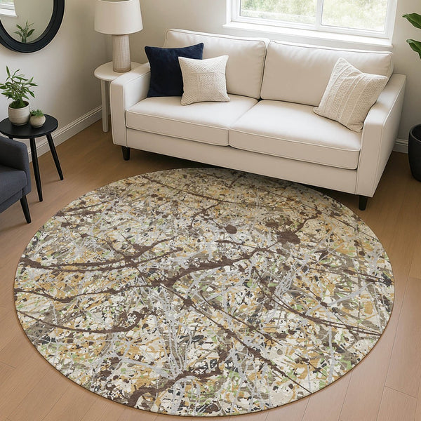 HomeRoots 8' Taupe Beige and Brown Round Abstract Area Rug - Washable, Durable, Stylish for Indoor & Outdoor Use 690053