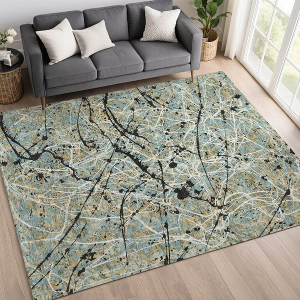 HomeRoots 5' Modern Abstract Teal Blue and Ivory Washable Area Rug for Indoor/Outdoor Use - Durable & Stylish 690058