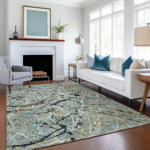 HomeRoots 5' Modern Abstract Teal Blue and Ivory Washable Area Rug for Indoor/Outdoor Use - Durable & Stylish 690058