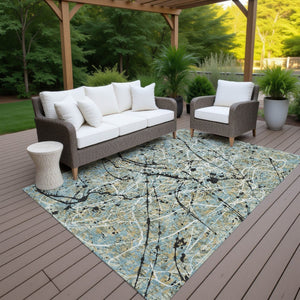HomeRoots 5' Modern Abstract Teal Blue and Ivory Washable Area Rug for Indoor/Outdoor Use - Durable & Stylish 690058