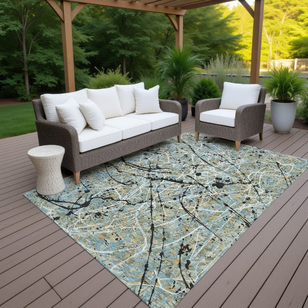 HomeRoots 5' Modern Abstract Teal Blue and Ivory Washable Area Rug for Indoor/Outdoor Use - Durable & Stylish 690058