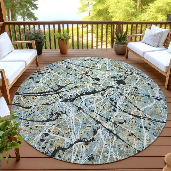 HomeRoots 8' Teal Blue, Black & Ivory Round Abstract Area Rug – Stylish, Washable Design for Indoor & Outdoor Use 690059
