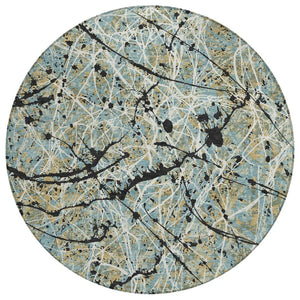 HomeRoots 8' Teal Blue, Black & Ivory Round Abstract Area Rug – Stylish, Washable Design for Indoor & Outdoor Use 690059