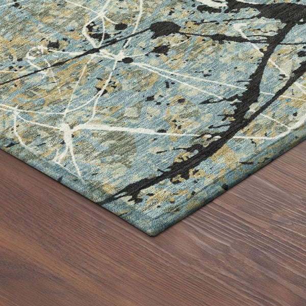 HomeRoots 8' Teal Blue, Black & Ivory Round Abstract Area Rug – Stylish, Washable Design for Indoor & Outdoor Use 690059