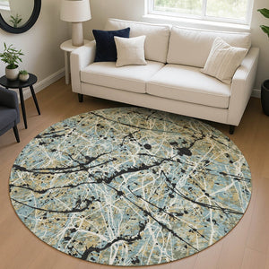 HomeRoots 8' Teal Blue, Black & Ivory Round Abstract Area Rug – Stylish, Washable Design for Indoor & Outdoor Use 690059