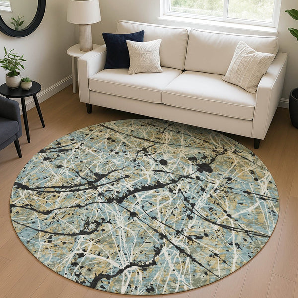 HomeRoots 8' Teal Blue, Black & Ivory Round Abstract Area Rug – Stylish, Washable Design for Indoor & Outdoor Use 690059