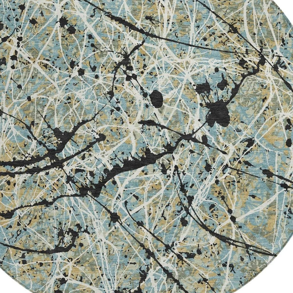 HomeRoots 8' Teal Blue, Black & Ivory Round Abstract Area Rug – Stylish, Washable Design for Indoor & Outdoor Use 690059