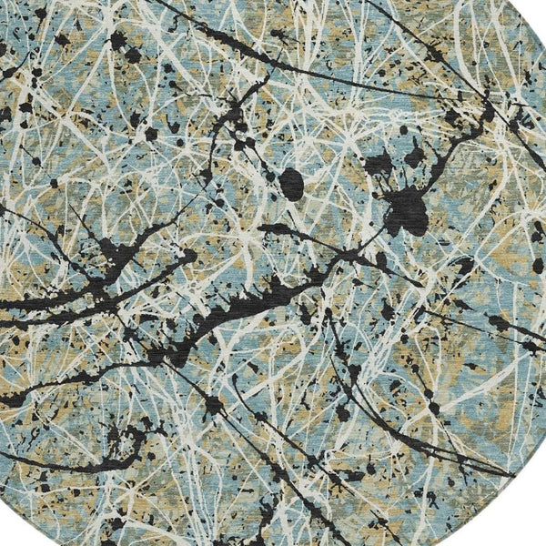 HomeRoots 8' Teal Blue, Black & Ivory Round Abstract Area Rug – Stylish, Washable Design for Indoor & Outdoor Use 690059