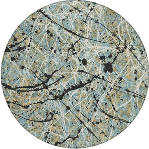 HomeRoots 8' Teal Blue, Black & Ivory Round Abstract Area Rug – Stylish, Washable Design for Indoor & Outdoor Use 690059