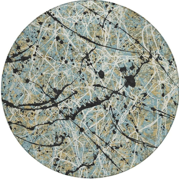 HomeRoots 8' Teal Blue, Black & Ivory Round Abstract Area Rug – Stylish, Washable Design for Indoor & Outdoor Use 690059