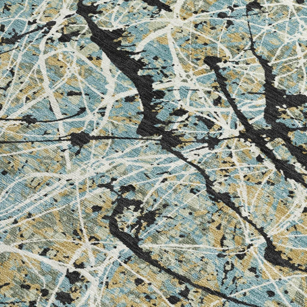 HomeRoots 9' X 12' Modern Abstract Washable Area Rug in Teal, Blue, Black & Ivory for Indoor/Outdoor Use 690061