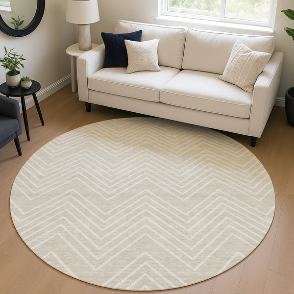 HomeRoots 8' Beige and Ivory Round Geometric Washable Area Rug – Durable, Stylish, Indoor/Outdoor Versatile Decor 690065