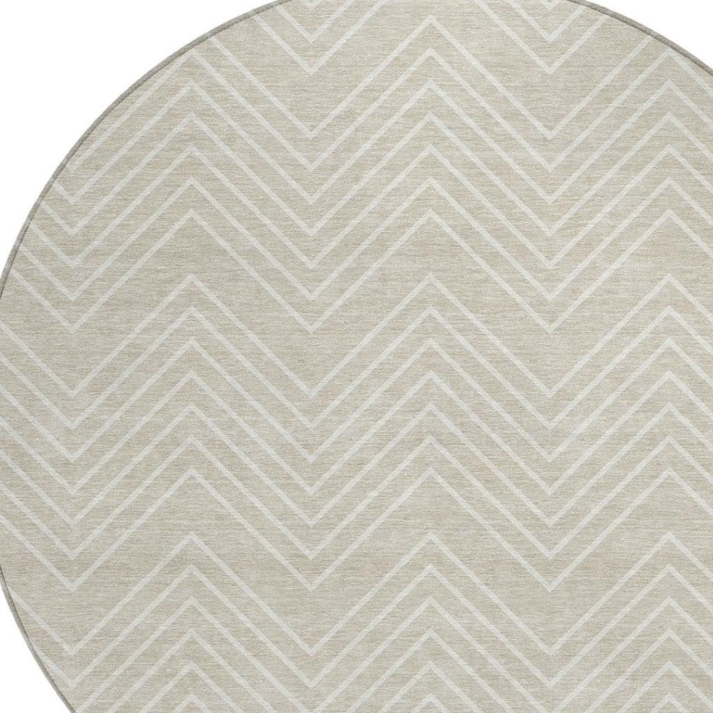 HomeRoots 8' Beige and Ivory Round Geometric Washable Area Rug – Durable, Stylish, Indoor/Outdoor Versatile Decor 690065