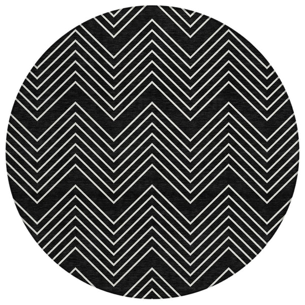HomeRoots 8' Round Black and Ivory Geometric Area Rug - Washable, Durable, Stylish for Indoor & Outdoor Use 690071