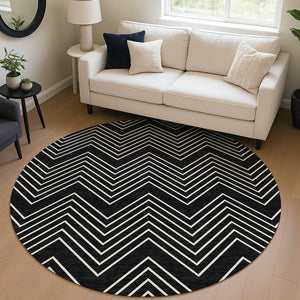 HomeRoots 8' Round Black and Ivory Geometric Area Rug - Washable, Durable, Stylish for Indoor & Outdoor Use 690071