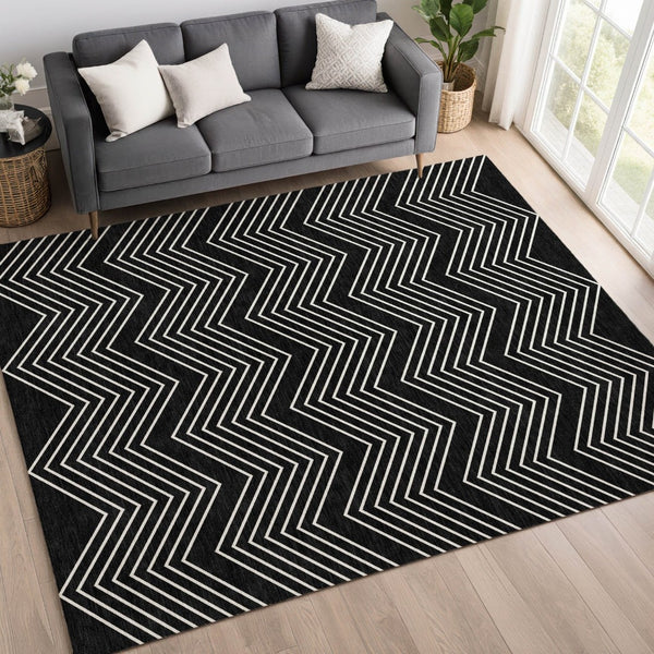 HomeRoots 8' X 10' Geometric Black and Ivory Area Rug - Stylish, Washable & Durable for Indoor/Outdoor Use 690072