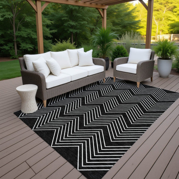 HomeRoots 10' Modern Black and Ivory Geometric Washable Area Rug for Indoor and Outdoor Spaces - Durable, Stylish! 690074