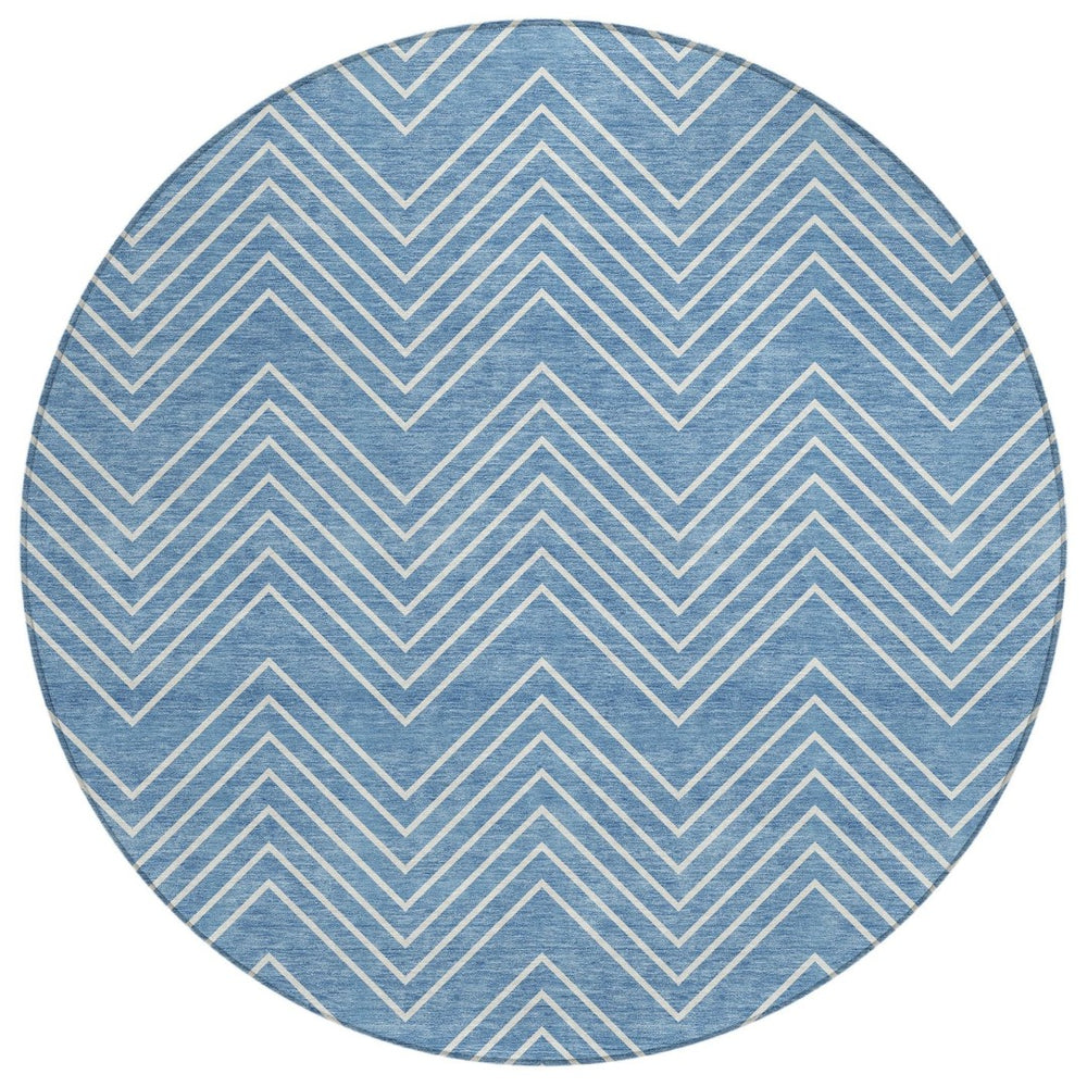 HomeRoots 8' Blue And Ivory Geometric Round Rug - Durable, Washable Design for Indoor & Outdoor Spaces! 690077