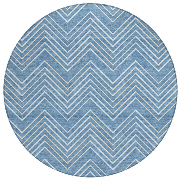 HomeRoots 8' Blue And Ivory Geometric Round Rug - Durable, Washable Design for Indoor & Outdoor Spaces! 690077