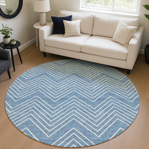 HomeRoots 8' Blue And Ivory Geometric Round Rug - Durable, Washable Design for Indoor & Outdoor Spaces! 690077