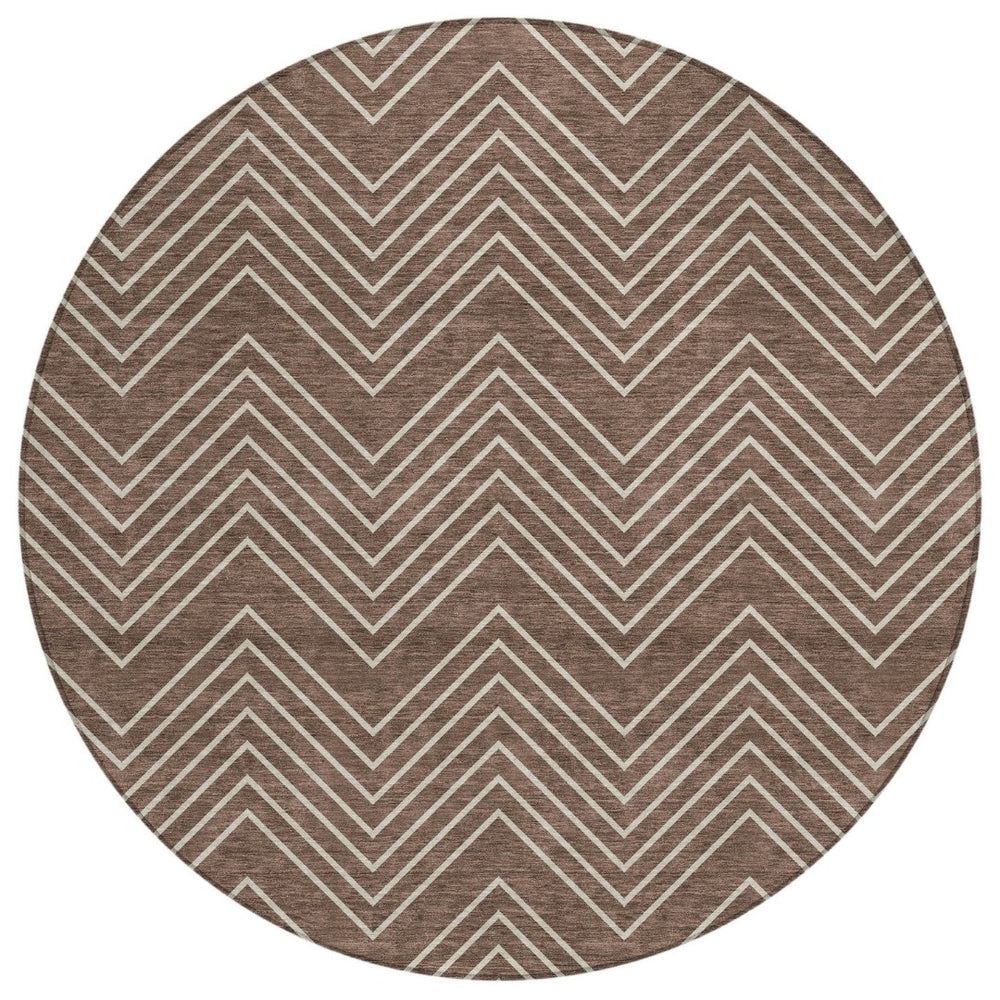 HomeRoots 8' Brown and Ivory Round Geometric Area Rug – Washable, Stylish for Indoor & Outdoor Spaces! 690083
