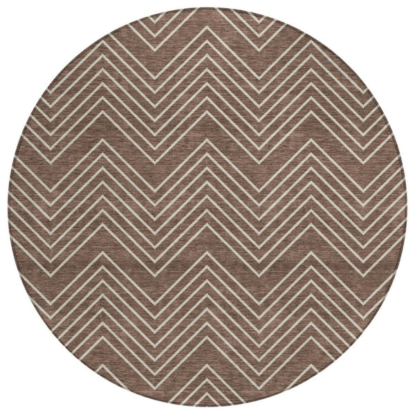 HomeRoots 8' Brown and Ivory Round Geometric Area Rug – Washable, Stylish for Indoor & Outdoor Spaces! 690083