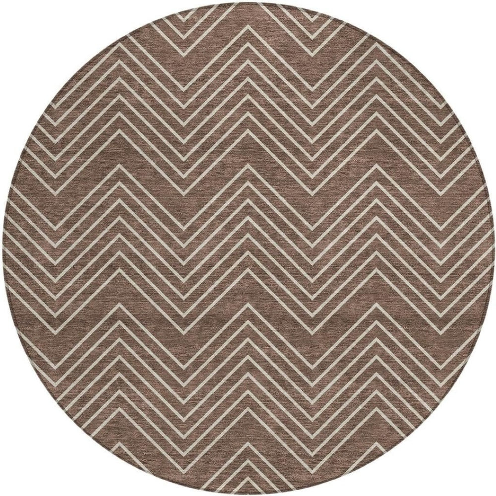 HomeRoots 8' Brown and Ivory Round Geometric Area Rug – Washable, Stylish for Indoor & Outdoor Spaces! 690083