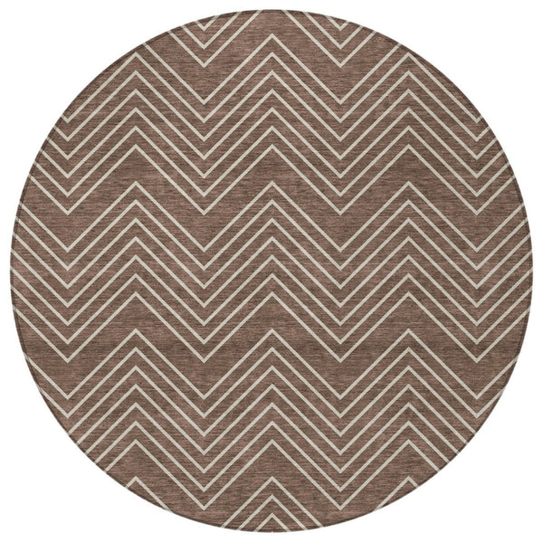 HomeRoots 8' Brown and Ivory Round Geometric Area Rug – Washable, Stylish for Indoor & Outdoor Spaces! 690083