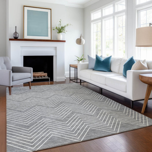 HomeRoots 9' X 12' Gray and Ivory Geometric Rug – Durable, Washable, Versatile for Indoor & Outdoor Spaces 690097