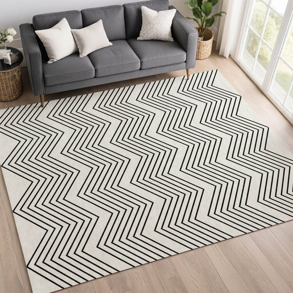 HomeRoots 5' X 8' Ivory and Black Geometric Area Rug - Washable, Stylish & Durable for Indoor/Outdoor Use! 690100