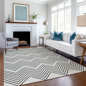 HomeRoots 5' X 8' Ivory and Black Geometric Area Rug - Washable, Stylish & Durable for Indoor/Outdoor Use! 690100