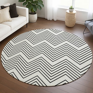HomeRoots 8' Ivory and Black Round Geometric Area Rug - Washable, Durable, Stylish for Indoor & Outdoor Use 690101