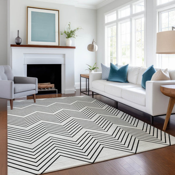 HomeRoots 10' Stylish Ivory and Black Geometric Washable Area Rug - Durable Indoor/Outdoor Design for Any Space 690104