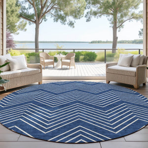 HomeRoots 8' Navy Blue & Ivory Round Geometric Area Rug - Washable, Durable, Stylish for Indoor & Outdoor Use! 690107