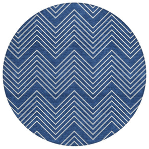 HomeRoots 8' Navy Blue & Ivory Round Geometric Area Rug - Washable, Durable, Stylish for Indoor & Outdoor Use! 690107