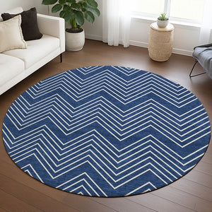 HomeRoots 8' Navy Blue & Ivory Round Geometric Area Rug - Washable, Durable, Stylish for Indoor & Outdoor Use! 690107
