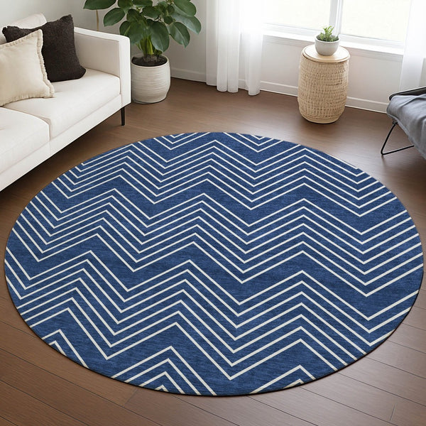 HomeRoots 8' Navy Blue & Ivory Round Geometric Area Rug - Washable, Durable, Stylish for Indoor & Outdoor Use! 690107