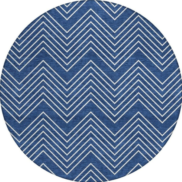 HomeRoots 8' Navy Blue & Ivory Round Geometric Area Rug - Washable, Durable, Stylish for Indoor & Outdoor Use! 690107