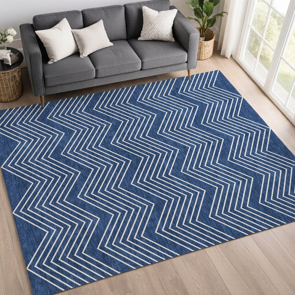 HomeRoots 8' Navy Blue and Ivory Geometric Area Rug - Washable, Durable, Stylish for Indoor/Outdoor Spaces 690108