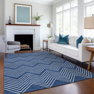 HomeRoots 10' Navy Blue and Ivory Geometric Area Rug - Washable, Durable, Indoor/Outdoor, Stain-Resistant Design 690110