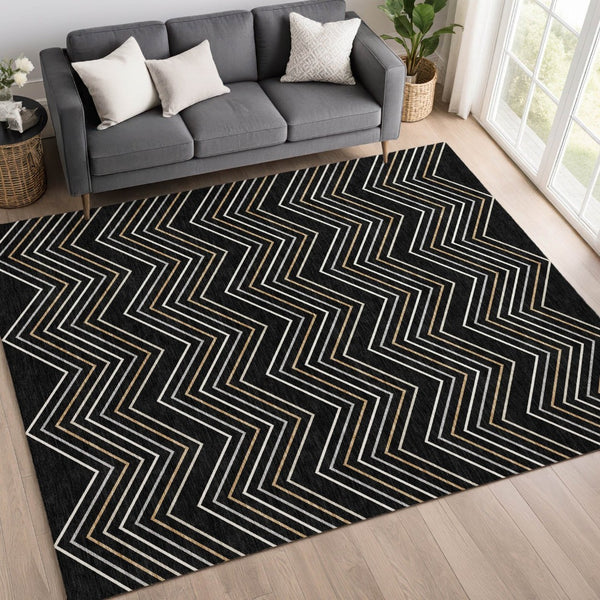 HomeRoots 5' Modern Geometric Black Ivory and Copper Area Rug – Washable Indoor/Outdoor, Durable & Stylish! 690118