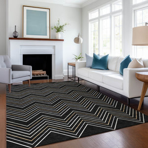 HomeRoots 5' Modern Geometric Black Ivory and Copper Area Rug – Washable Indoor/Outdoor, Durable & Stylish! 690118