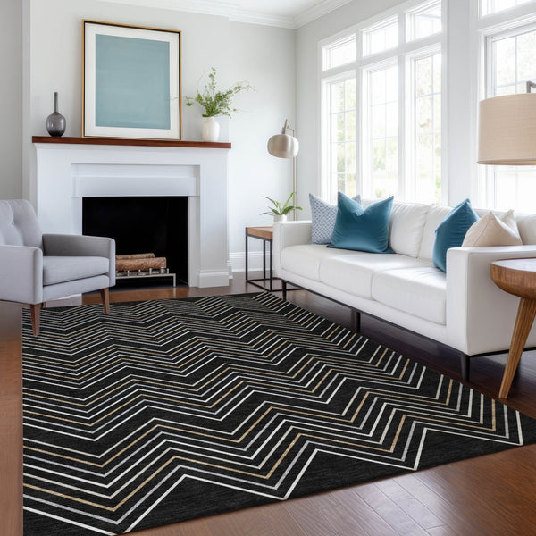 HomeRoots 5' Modern Geometric Black Ivory and Copper Area Rug – Washable Indoor/Outdoor, Durable & Stylish! 690118