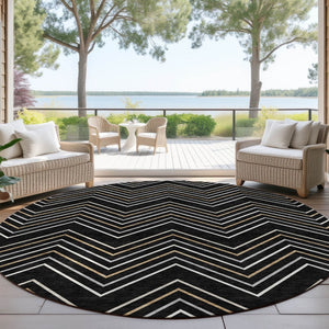 HomeRoots 8' Black, Ivory & Copper Round Area Rug - Stylish, Washable, Durable for Indoor & Outdoor Spaces 690119
