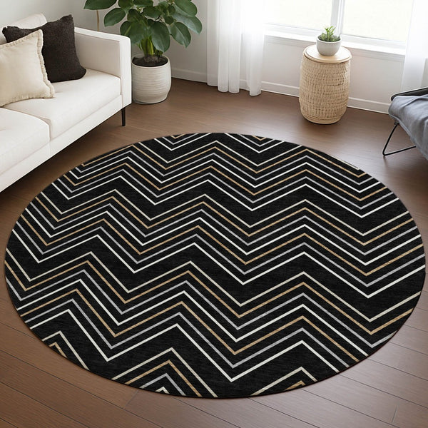 HomeRoots 8' Black, Ivory & Copper Round Area Rug - Stylish, Washable, Durable for Indoor & Outdoor Spaces 690119