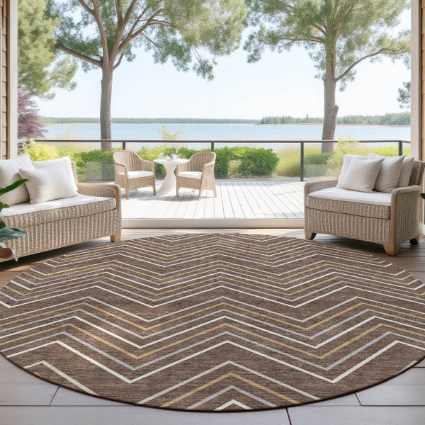 HomeRoots 8' Round Geometric Area Rug in Brown, Ivory & Copper - Washable Indoor/Outdoor Style for Any Space 690125