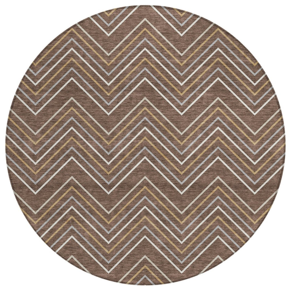 HomeRoots 8' Round Geometric Area Rug in Brown, Ivory & Copper - Washable Indoor/Outdoor Style for Any Space 690125