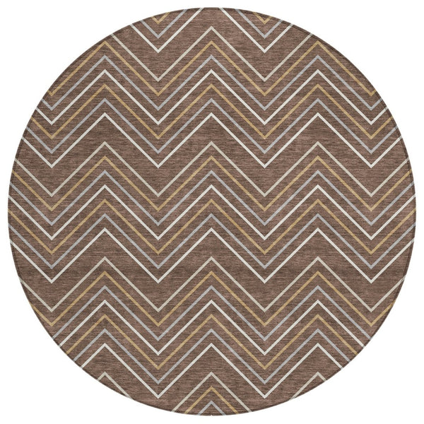 HomeRoots 8' Round Geometric Area Rug in Brown, Ivory & Copper - Washable Indoor/Outdoor Style for Any Space 690125