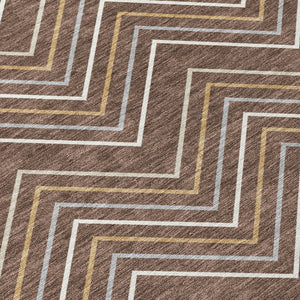 HomeRoots 8' Round Geometric Area Rug in Brown, Ivory & Copper - Washable Indoor/Outdoor Style for Any Space 690125